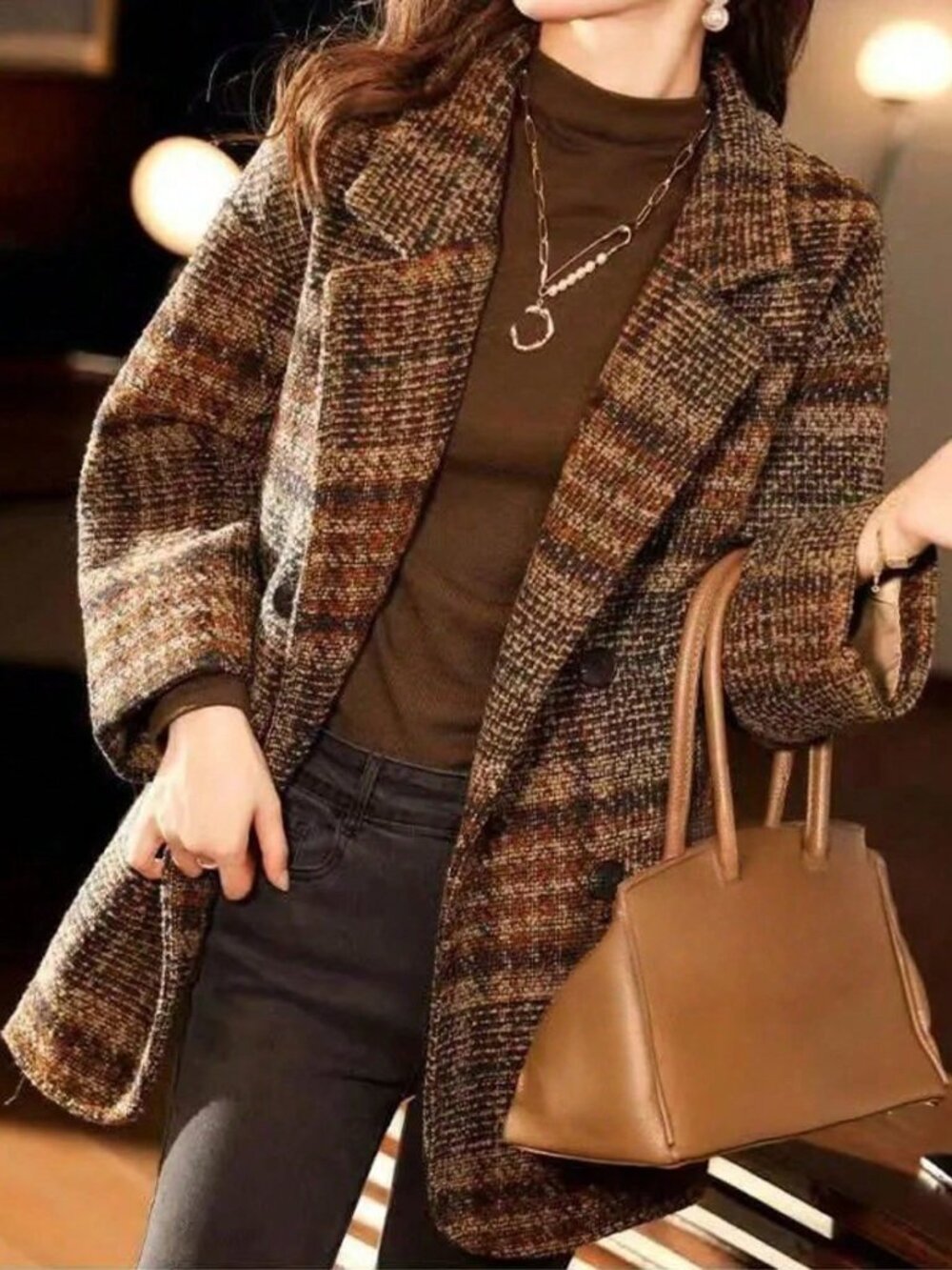 Coffee Brown Casual Women's Loose Plaid Lapel Button Long Sleeve Jacket